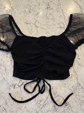 SHEIN Black Ruched Puff Sleeve Crop Top Sheer Sleeves Whimsigoth Y2K Coquette XS